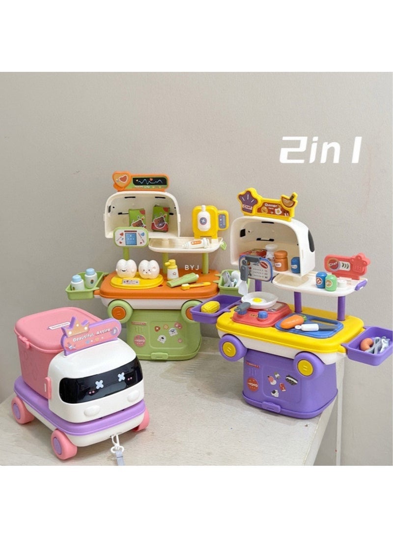 Hihonor Kids' Pull-String Cart Playset with Medical Makeup Station & Storage – Interactive Multifunctional Cooking and Baking Toy for Youngsters, Plastic, Educational Role-Playing Game (Pink) - Image 2